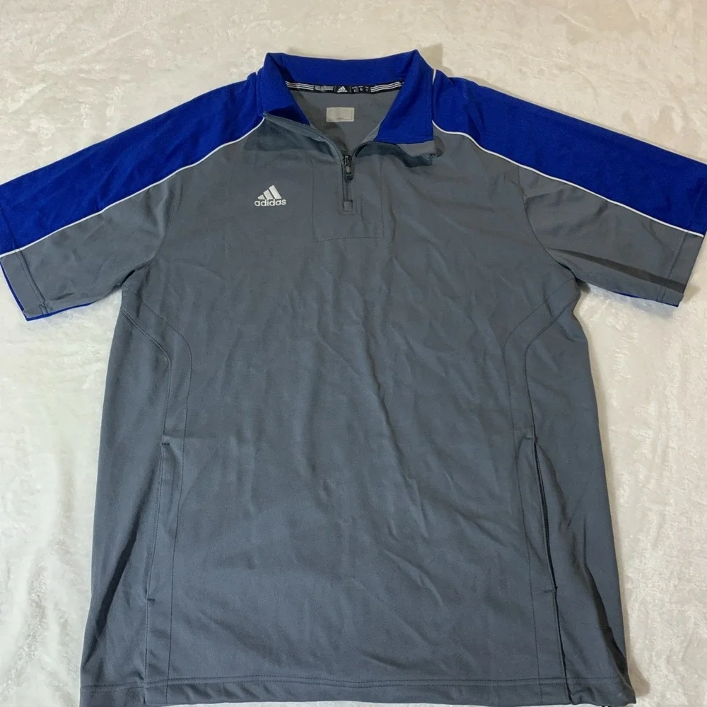 Adidas Men's Wind Jacket Large L Blue Gray Quarter Zip Short Sleeve Pockets